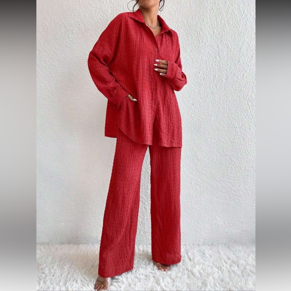 SHEIN Red Wide Leg Pants & Shirt Set